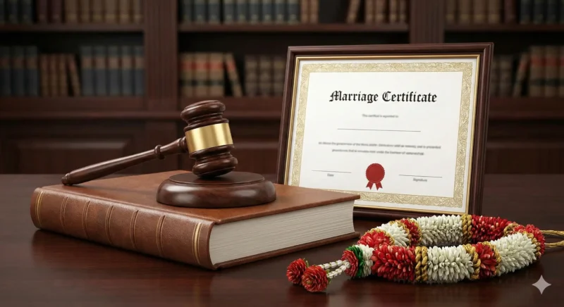 Indian Marriage Registration: Legal Gavel & Happy Couple with Certificate